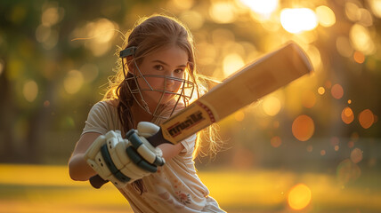 Young cricket player batting during golden hour