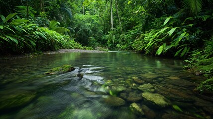 A lush, green rainforest with a clear river flowing through it, highlighting the vital connection between rainforests and water conservation.