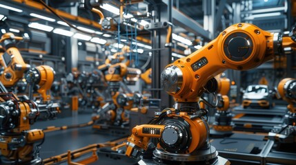 Fototapeta premium Showcase a factory where robots are involved in assembling and testing electric vehicle components, highlighting