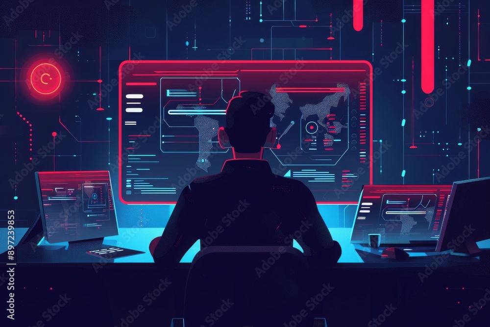 Poster a man is seated at a desk with a computer in front, engaged in work or other activities, illustratio