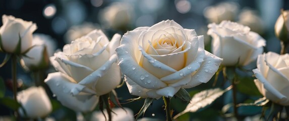 white roses on a blurred background with bokeh.