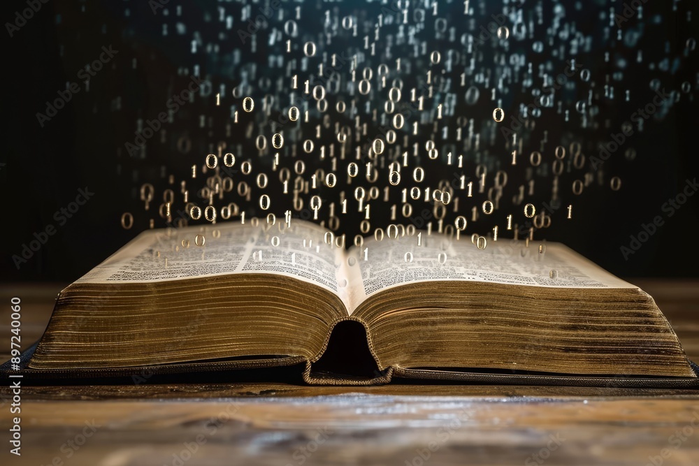 Poster a photo of an open book with numbers pouring out, representing the overflow of knowledge and informa
