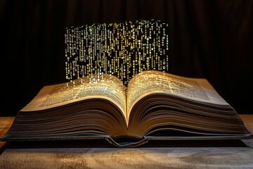 An open book with a string of lights placed on top, illuminating the pages and creating a warm and cozy atmosphere, Image of a book with its pages transforming into binary numbers, AI Generated