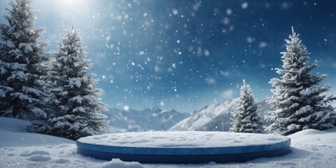 winter snow background, new year charismas white blue falling snowflake abstract scene landscape for product presentation display, empty podium platform for marketing advertising.