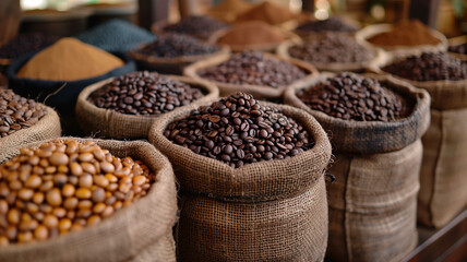 Rows of burlap sacks filled with roasted coffee beans at a market stall