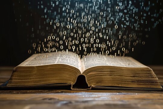A photo of an open book with numbers pouring out, representing the overflow of knowledge and information, Image of a book with its pages transforming into binary numbers, AI Generated