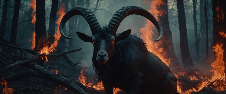 Zodiac sign Capricorn in the dark forest with fire Baphomet demon goat god Lucifer, belzebu Devil with horns Red fire and smoke in hell.