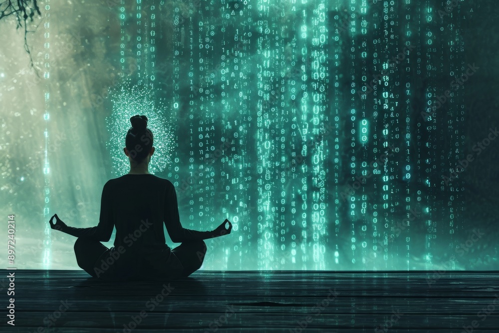 Poster a person is calmly seated in a yoga position in front of a massive wall filled with data, image of a
