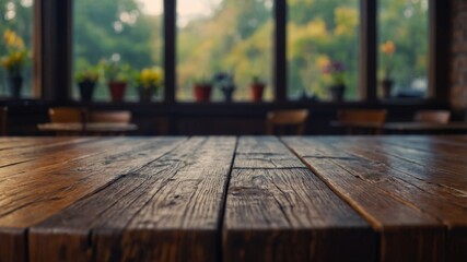 The empty wooden table with blur background.