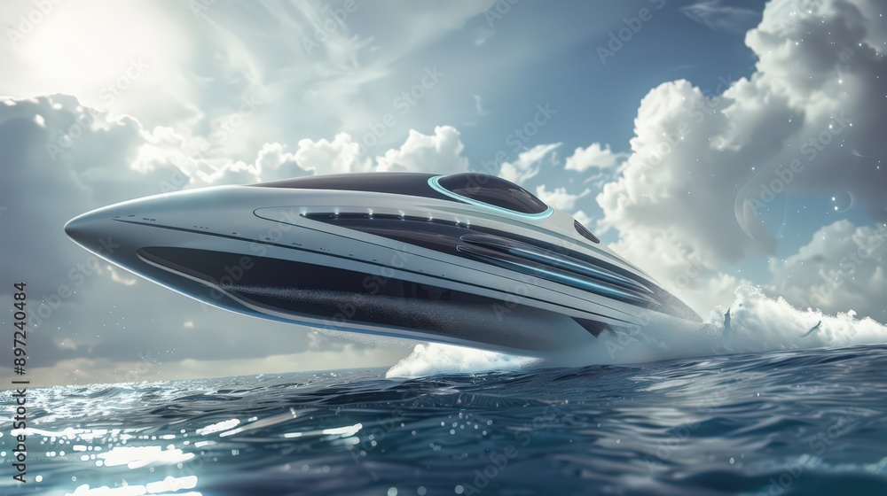 Aufkleber showcase a futuristic hydrofoil ship with retractable foils that reduce drag and increase speed