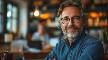 A confident man with glasses and stubble smiles warmly in a modern office setting with blurred colleagues and ambient lighting in the background.