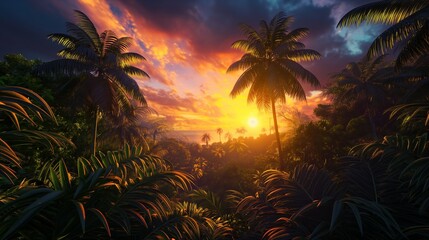 A green tropical forest at sunset, with the sun setting behind the trees, casting a warm glow through the foliage and creating a magical atmosphere with vibrant sky colors.