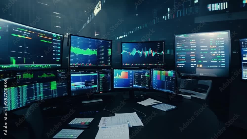 Poster a desk with several monitors displaying financial charts and data in a dimly lit office.