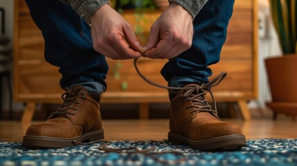 Man tying brown boots on blue carpet in a room with wooden elements. Domestic setting hints living room scene.