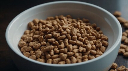 Pet food falls into the bowl for feeding.