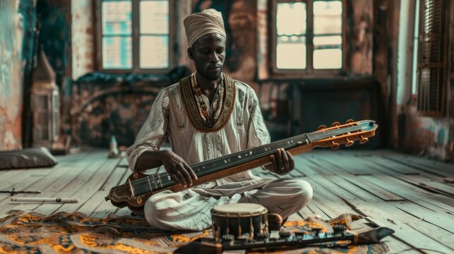 A man in white clothing plays a saz in a dilapidated room with metal drums. Dark brick walls and rusty-framed windows create a somber ambiance.