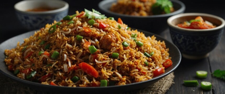 Schezwan Fried Rice Masala is a popular indo-chinese food served in a plate or bowl with chopsticks selective focus.