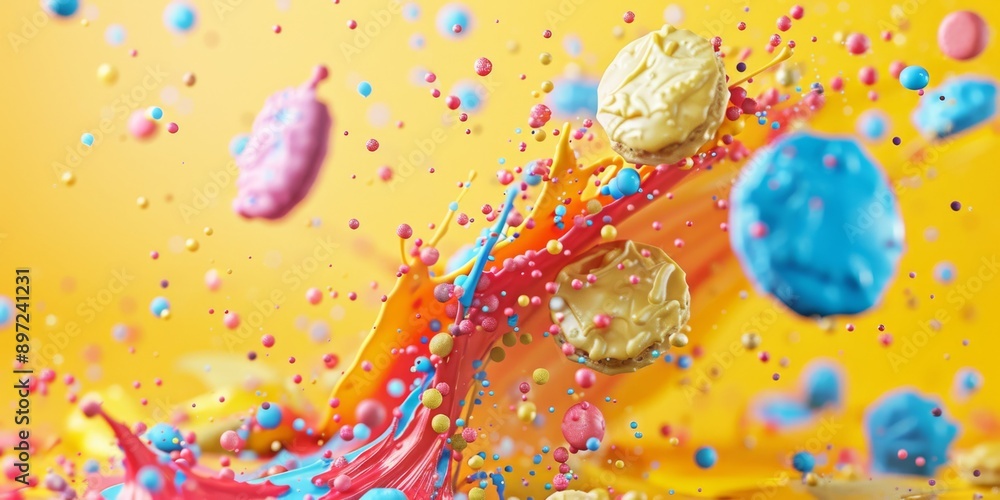 Poster Vibrant abstract image showcasing a dynamic paint splash with sprinkles and splatters in bright colors.