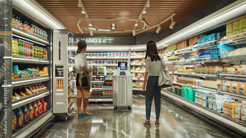Poster showcase a high-tech grocery store with automated checkout systems, robotic stockers,