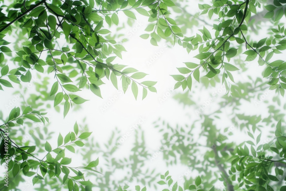 Poster green leaves growing on branches creating a natural frame on a blurred background with copy space