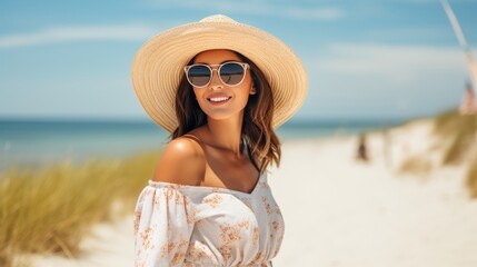 Middle aged woman happily embracing beach lifestyle, savoring sunny weather and natural surroundings