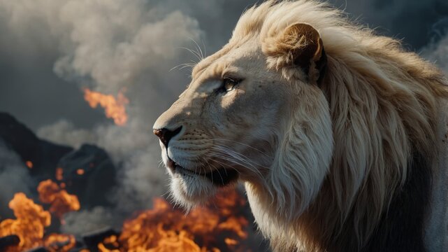 The Lion of Judah - White albino imposing lion - Fire, smoke, ashes, embers - Fantasy Feline Lion King - Horizontal Banner.