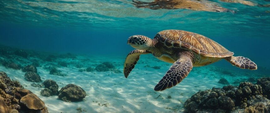 panorama of green Sea Turtle swimming near the shore on a sunny day Chelonia mydas.