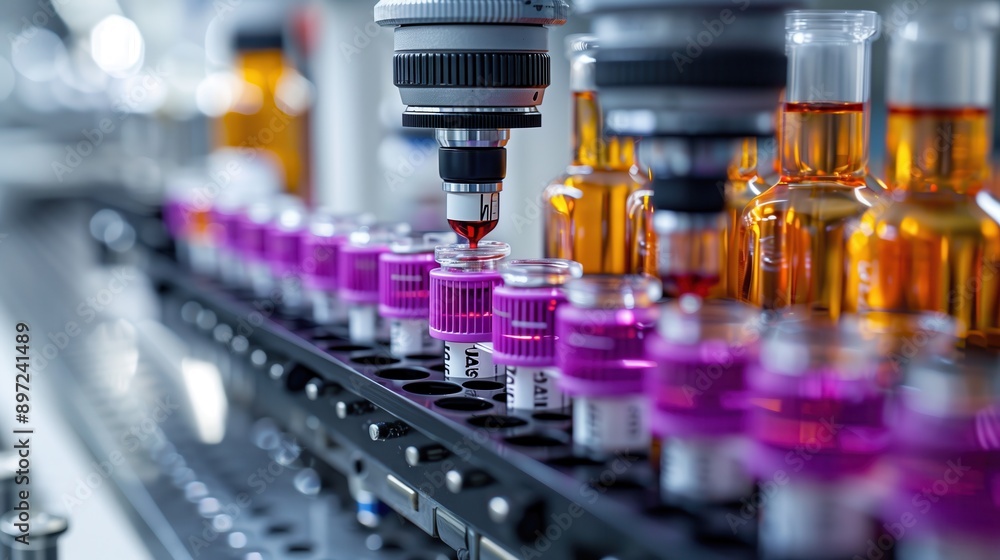 Poster automated laboratory equipment in action. close-up of automated lab equipment handling multiple test