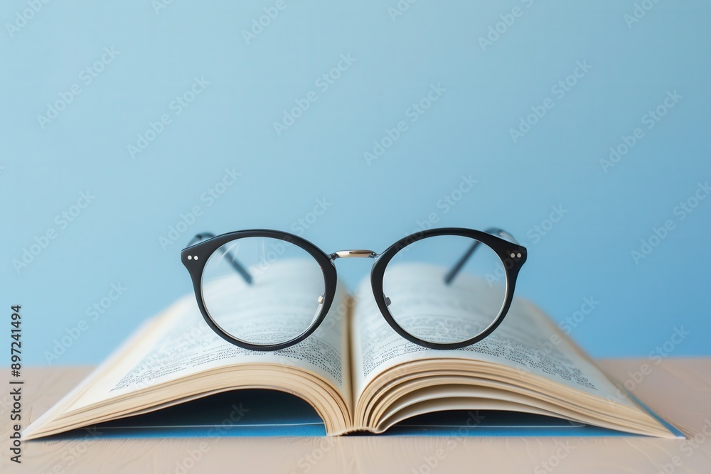 Poster a pair of black eyeglasses rests on the open pages of a book against a blue background. generative a