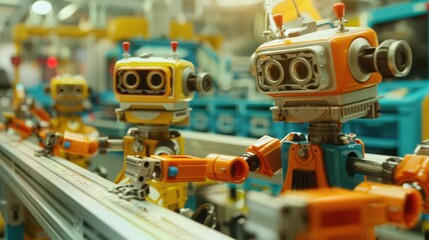 Showcase a production line in a toy factory where robots assemble and test toys,