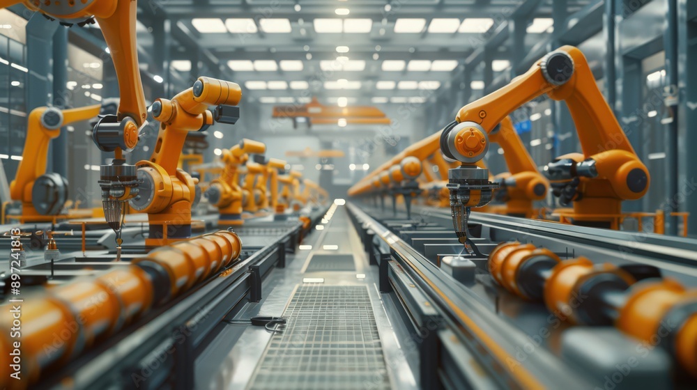 Poster showcase a production line where robots are assembling aerospace components, highlighting the precis