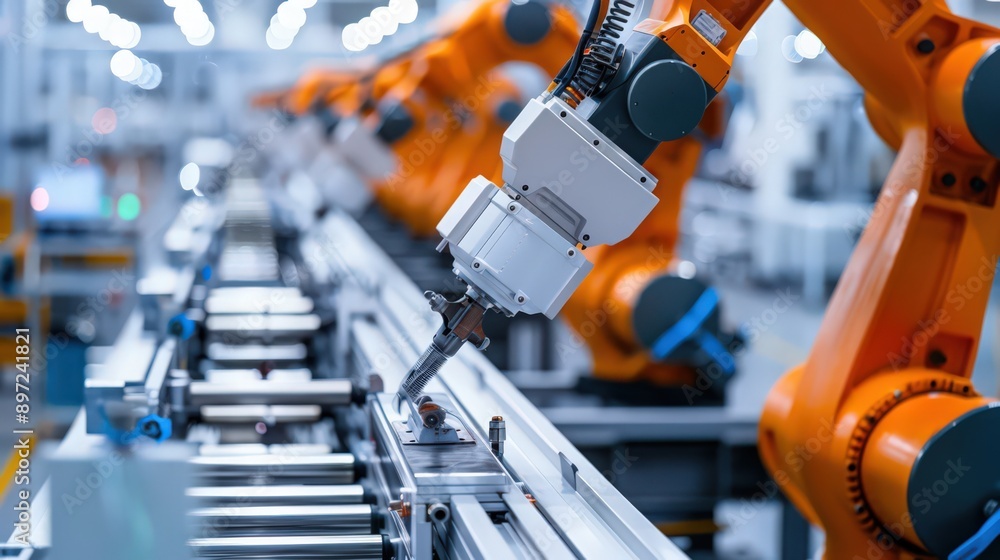 Poster showcase a production line where robots are assembling aerospace components, highlighting the precis