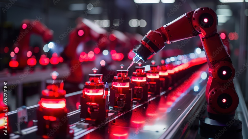 Aufkleber showcase a production line where robots perform pick-and-place operations, efficiently sorting