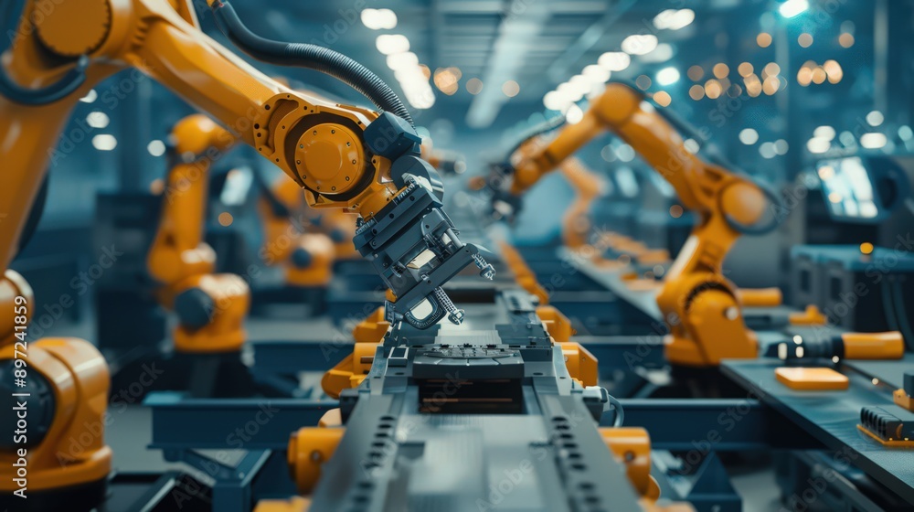 Poster showcase a production line where robots are assembling aerospace components, highlighting the precis