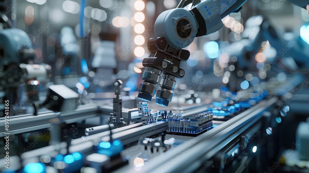 Aufkleber showcase a production line where robots perform pick-and-place operations, efficiently sorting