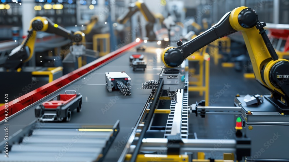 Aufkleber showcase a production line where robots perform pick-and-place operations, efficiently sorting