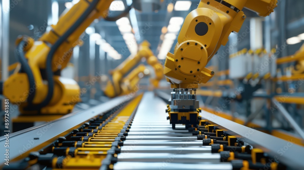 Aufkleber showcase a production line where robots perform pick-and-place operations, efficiently sorting