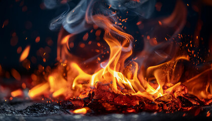 Fiery inferno with swirling embers in dark. Power of hot fire. Intensive orange and red flames.