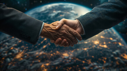 Two businesspeople shake hands with earth in the background