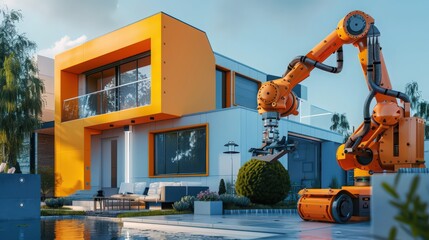 Showcase a robot applying a flawless coat of paint to the exterior of a house, highlighting the precision