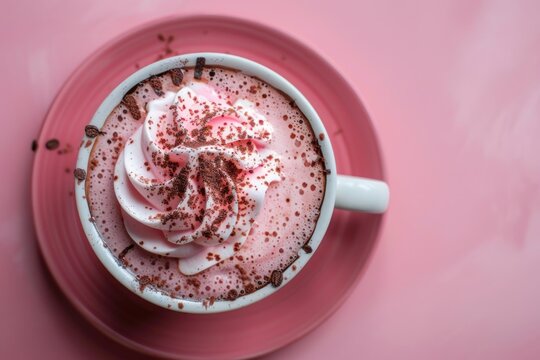 Pink ruby chocolate latte topped with whipped cream and chocolate powder served on a pink plate over a pink background