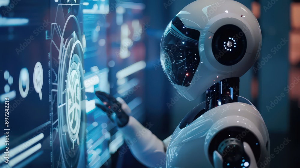 Poster showcase a robot installing advanced telecommunications and networking infrastructure in a high-rise