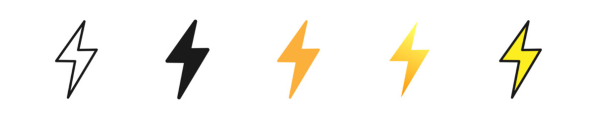 Lightning line icons set. Thunder, bolt, flash, electricity, weather vector yellow and black symbol, sign. Isolated on a white background. Pixel perfect. Editable stroke. 64x64.