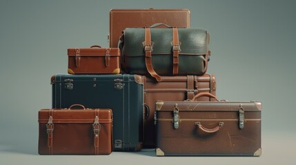 A pile of suitcases and bags stacked on top of each other, great for travel or storage images