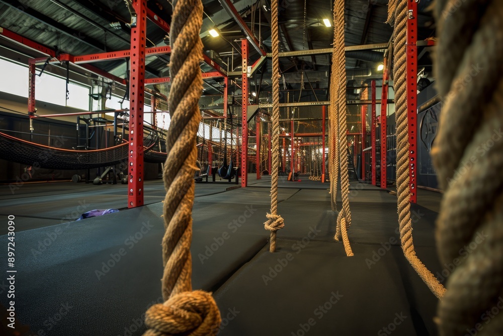 Poster multiple ropes are seen hanging from the ceiling of a gym, creating a functional and dynamic exercis