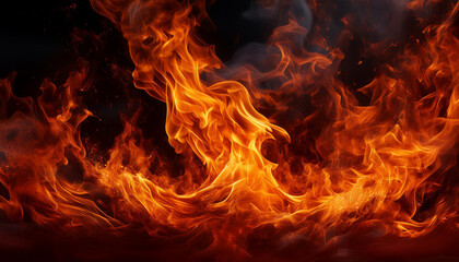 Fototapeta premium Fiery inferno with swirling embers in dark. Power of hot fire. Intensive orange and red flames.