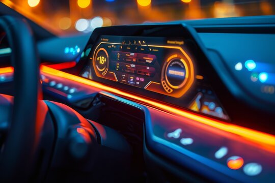 A Car Dashboard With a Digital Display and a Steering Wheel, Innovative design of an in-car display showing electric vehicle charging progress, AI Generated