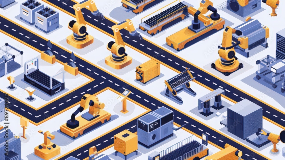 Poster showcase an advanced production line with smart robots and iot devices working in harmony,