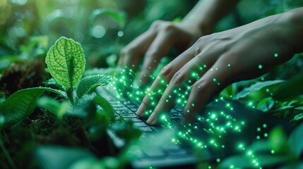 Cybersecurity experts protecting ecological data in an organization, utilizing advanced technology and green solutions. No text, no logo, no trademarks