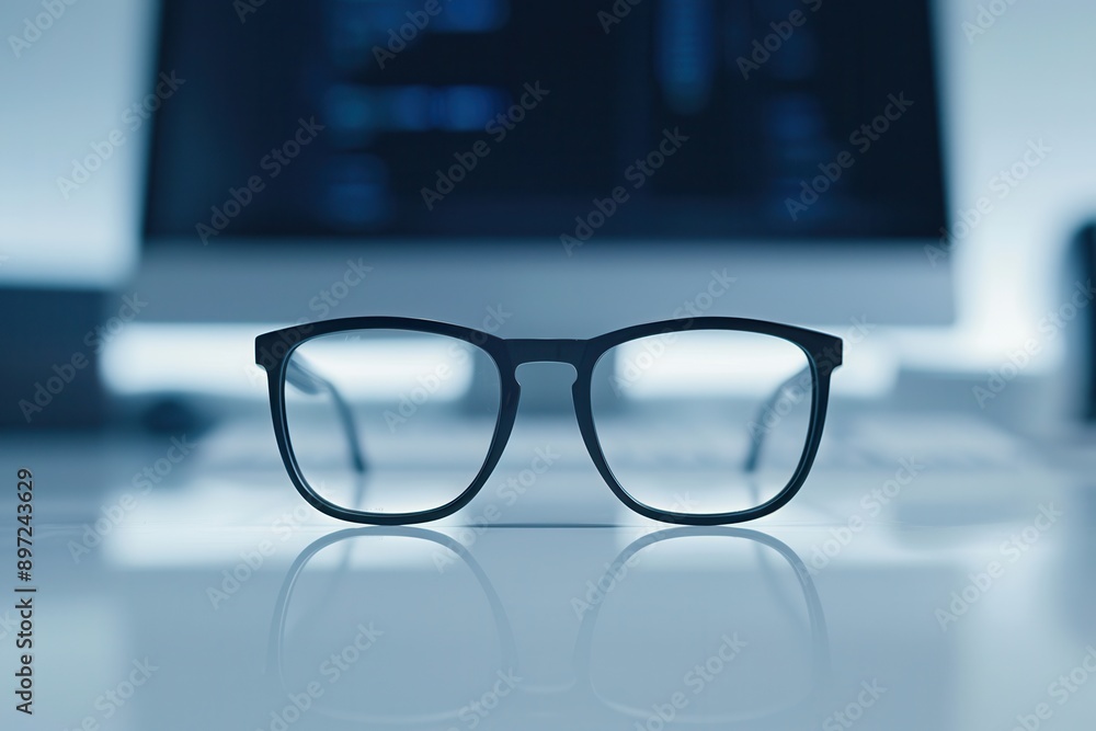 Poster black eyeglasses sit on a clean desk in front of a blurred computer. generative ai